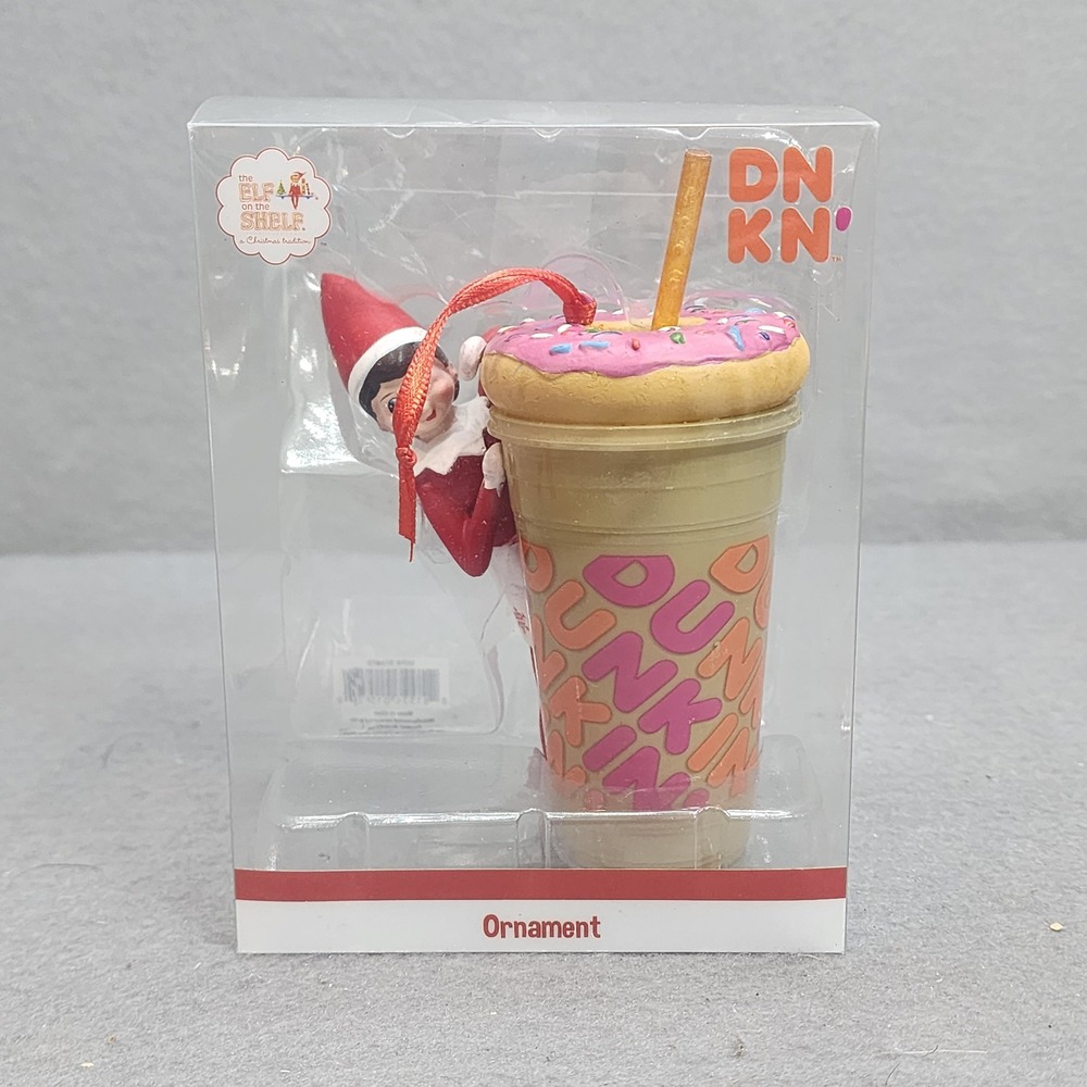 Elf‎ on the Shelf Dunkin Iced Coffee Donut Ornament Red Tan 2021 NEW
